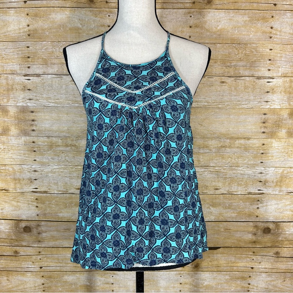 Hollister Strappy T-Back Tank Top Size XS Navy Blue Aqua Floral Boho